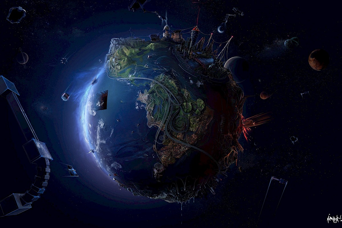 A stylized futuristic Earth with structures, surrounded by space and celestial bodies.